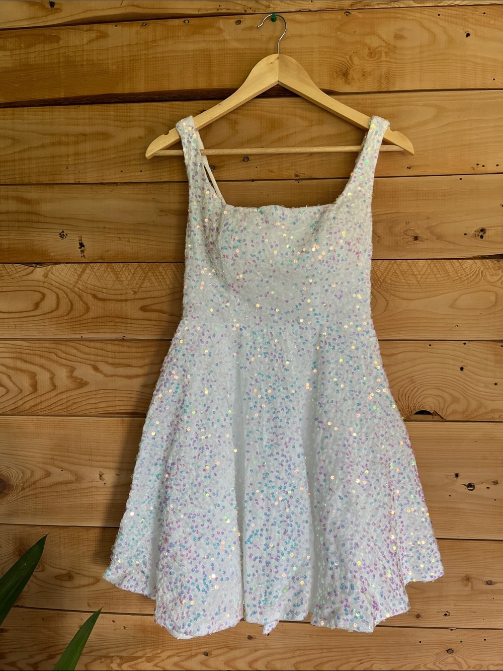 White Iridescent Sequin Prom Dress with Square Neck and Huge Bow